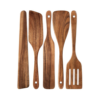 Set Peralatan Dapur Kayu Jati Aman untuk Makanan 5 PCS, Spatula Berlubang Anti Lengket untuk Memasak, Pengaduk Tahan Lama, Pengikis Kayu Alami