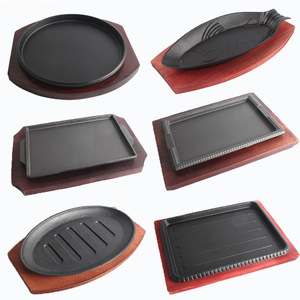 Hot Sale Cookware Sets Round Sizzling Plate Black Steak Board <strong>Pan</strong> 24cm Cast Iron Plate With Wooden Base - Product Image 5