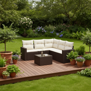 Ensemble de canapé de jardin modulaire en rotin brun avec coussins crème, mobilier d'extérieur au design contemporain - Product Image 2