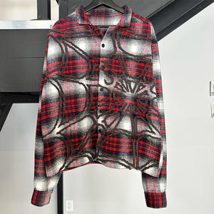 ラインストーンベロアチェック柄フル長袖シャツ2025年春ビンテージスタイルメンズカスタムルースフィットディスドレスアシッドウォッシュラインストーン - Product Image 5