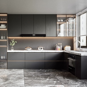 Gabinetes de fregadero de cocina de melamina en forma de L, minimalistas y modernos personalizados, muebles de cocina pequeños y completos para el hogar - Product Image 3