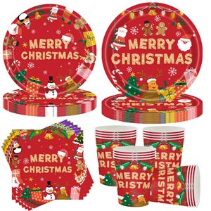 Nouvel Arrivage – Ensemble de Vaisselle Jetable pour 16 Personnes, Décorations Modernes pour Fête de Noël : Bannière, Gobelets, Serviettes, Assiettes et Nappe - Product Image 1