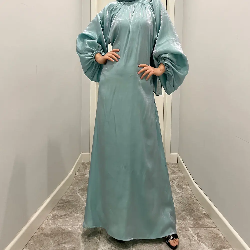 New Fancy Lantern Sleeve Long Dress Islamic Robe Turkish Plain Color Silk Smooth Shimmer Maxi Dress Muslim Abaya Kaftan