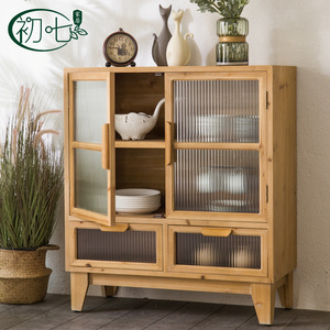 Mueble de entrada de madera natural estilo nórdico con puertas de vidrio, mueble de almacenamiento para sala de estar, mueble divisor para decoración del hogar - Product Image 4