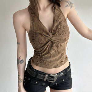 Top sin Mangas con Capucha para Mujer, Estilo Postapocalíptico, con Frente Cruzado, Texturizado, Ajustado, Retro, Estilo Urbano - Product Image 3