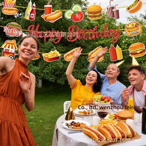 Guirnalda de Papel BA516 con Diseño de Hot Dog, Hamburguesa y Papas Fritas para Cumpleaños, Bandera Colgante de 3 Franjas con Temática de Fiesta - Product Image 4