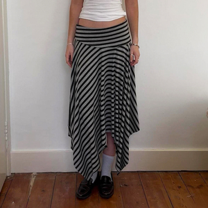 Falda Casual Minimalista a Rayas para Mujer, Cintura Natural, Dobladillo Irregular, Estilo Coreano Vintage, Maxi, Uso Diario, Cómoda - Product Image 3