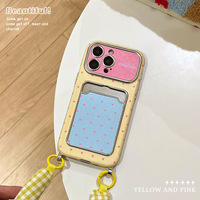 Coque de téléphone anti-chute en TPU gaufré à pois jaunes avec lanière et porte-cartes, grande fenêtre pour Apple 16 17 18 Pro Max 15 14