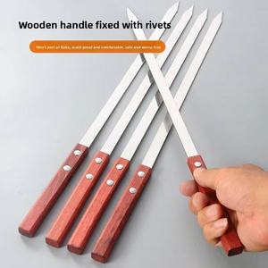 Brochettes plates en acier inoxydable 304 pour barbecue, manche en bois rouge, réutilisables, vente en gros - Product Image 1
