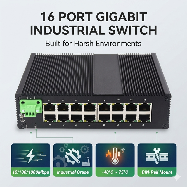 16 Port Gigabit Industrial Ethernet Switch 10/100/1000Mbps DIN Rail Unmanaged Network Switch with Wide Temperature Metal Case