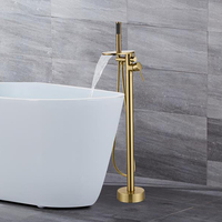 Robinet de baignoire à cascade autoportant en laiton noir pour salle de bain, robinet de baignoire à poignée unique à montage au sol avec douchette