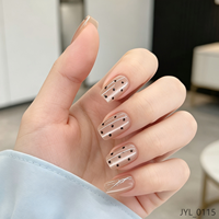 Ongles press-on nude effet œil de chat à pois, ongles carrés courts brillants avec ligne argentée, ongles acryliques réutilisables