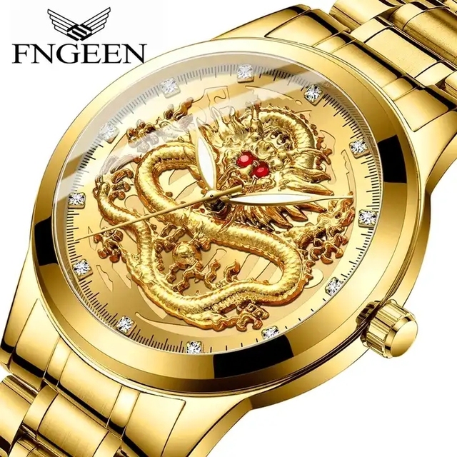 FNGEEN Luxury Skeleton Embossed Golden Dragon Watch Men's Waterproof Men Diamond Quartz Watches Relogio Masculino Luminous Wrist