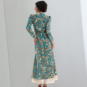 Vestido Maxi con Estampado Floral, Cuello en V, Manga Larga, Corte Regular, Dobladillo Asimétrico, Tejido de Punto Transpirable, Cintura Imperio, Estilo Casual de Verano - Product Image 2