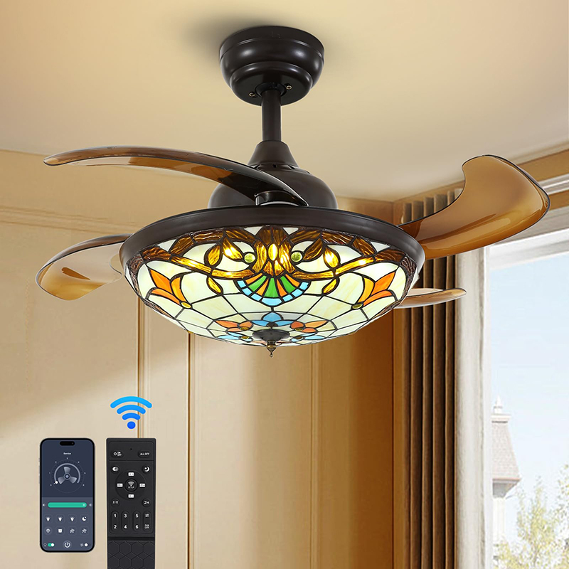 Mediterranean Tiffany Retro Chandelier Ceiling Fan 110V Invisible LED Lamp with Remote Control for Living Room Metal Body
