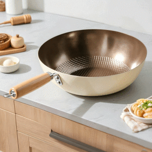 Wok profond multifonctionnel antiadhésif FLEY en gros avec poignée en bois naturel, compatible avec tous les types de cuisinières à gaz et à induction - Product Image 3