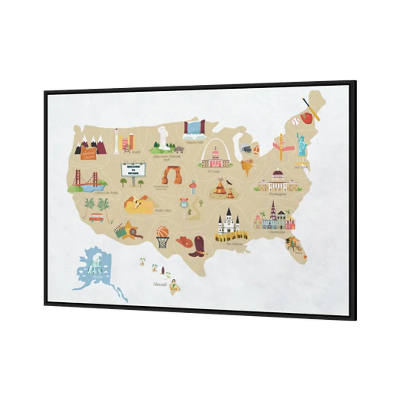 Factory Hot Selling Black Frame Creative Canvas Art Cartoon Map of America for Home Decor Wall Decoration