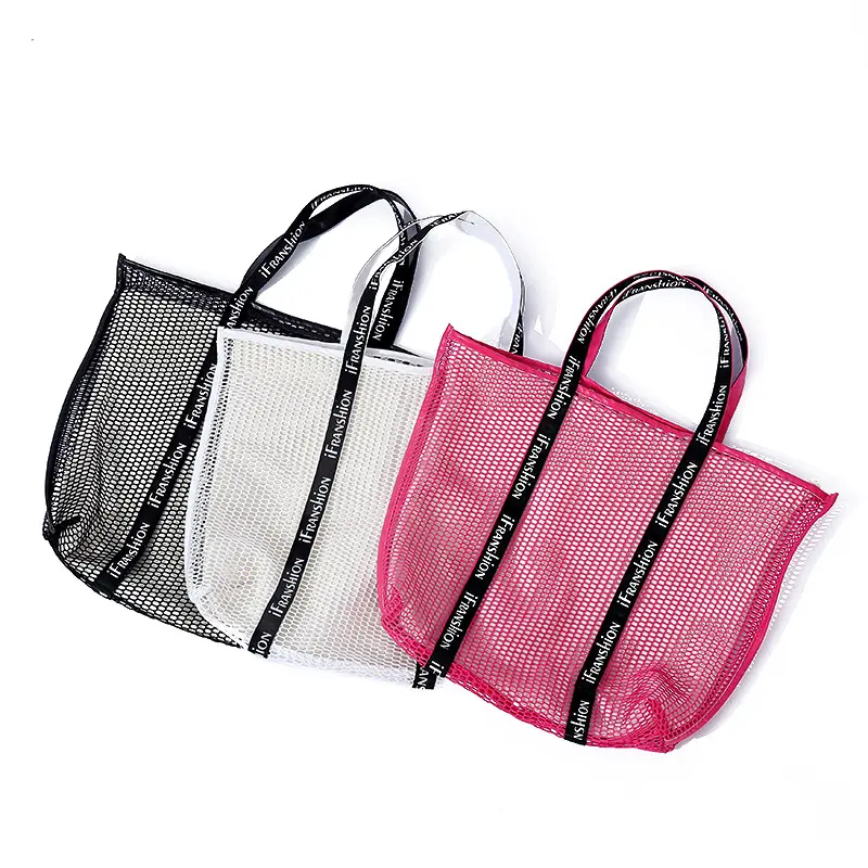 Custom Ribbon 2-In-1 Ladies Hollow Out Shopping Shoulder Bag Grid Big Tote Bag Women Large Mesh Beach Handbag With Canvas Pocket