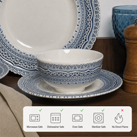Service de Table en Porcelaine Bleu Floral Gaufré Style Vintage Français, Assiettes et Bols Céramiques Festonnés pour Mariage, Maison, Cadeau - Vente en Gros