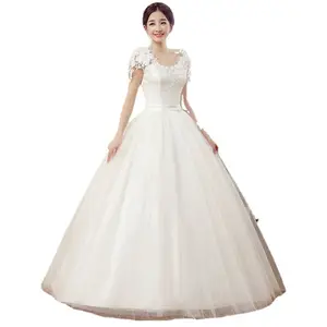 Cheap customize size A line white lace applique elegant formal high waist dress for wedding