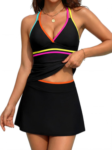 Conjuntos de Tankini con cuello halter y cuello en V para mujer, conjuntos de bikini de dos piezas con bloques de color y conjuntos de falda para mujer - Product Image 1