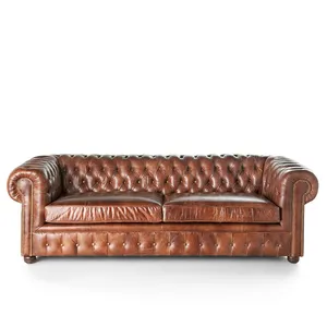 Sofá Chesterfield de couro genuíno para sala de estar, conjunto de sofás Chesterfield marrom