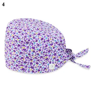 Floral Soft Hat Printing Nurse Sweat-absorbent Head Wrap Towel Surgical Anti-Dirty Pure Cotton Cap With Button Scrub Cap