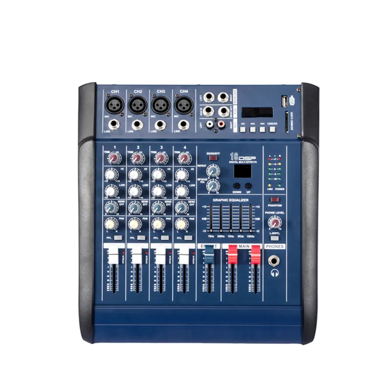 Hot sale pmx-402d professional 4 channel audio mixer usb bt sound console 250W power audio mixer for stage