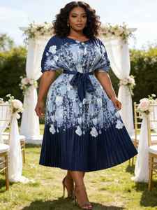 فستان ميدي مطوي بنقشة زهور وردية للنساء ذوات المقاسات الكبيرة - بأزرار أمامية وأكمام قصيرة وحزام، مناسب لحفلات الزفاف والكوكتيل - Product Image 5