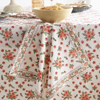 Nappe de table rectangulaire en coton 100% avec motif botanique rouge et vert, bordure classique, pour salle à manger