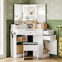 Bureau de maquillage d'angle avec station de charge, miroir et tabouret de rangement, table de maquillage avec tiroirs, étagères rotatives, blanc