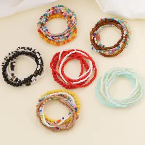Handmade Bohemian Multi Layers Crystal Beaded Bracelet Set Personalized Elastic Colorful Seed Beads Bracelets For Women Girls