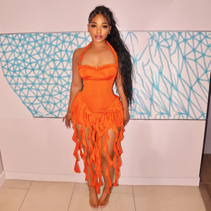 2025 licou dos nu robe femmes été fête Chic irrégulière gland ourlet Sexy fête d'anniversaire fendu minuit Club robe moulante - Product Image 5