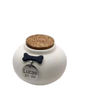 Ceramic Pet Urn White Round Shape Modern Design Airtight Dog <b>Memorial</b> <b>Keepsake</b> Jar Custom Name Plate Lucas 2011-2024 - Product Image 1