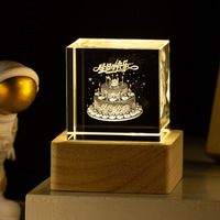 Nouvelle Veilleuse Laser Artisanale en Forme de Lune, Bloc de Cristal, Presse-papier avec Base Lumineuse en Bois, Souvenir