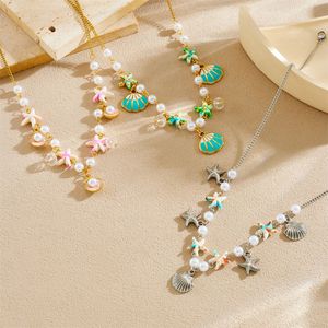 Sweet Cute <b>Candy</b> Color Seashell Beaded <b>Necklace</b> Imitation Pearl Starfish Pendant Party Jewelry Fashion Accessory - Product Image 1