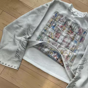 カスタムメンズ特大グラフィックグラフィティプリントTシャツ100% コットンドロップショルダー長袖クロップ丈サーマルワッフルニット - Product Image 4