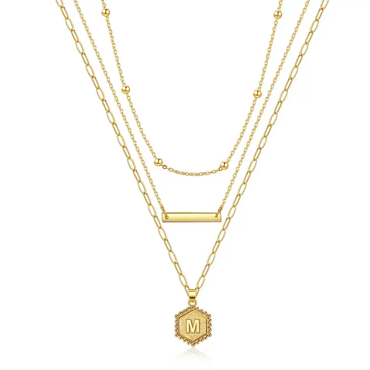 14k Gold Plated Paperclip Chain Necklace Simple Hexagon 26 Letter Pendant Dainty 3 Layered Initial Choker Necklace