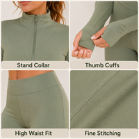 Conjunto Deportivo de Dos Piezas Personalizado para Mujer, Color Verde Salvia, Nailon y Elastano, Cuello Alto, Cierre Completo con Cremallera, Manga Larga, Cintura Alta, Corte Ajustado y Acampanado