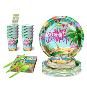 100 Pcs Hawaiian Aloha Party Decorations Supplies, Custom Flamingo Birthday Party Plates Tableware Disposable Dinnerware Set