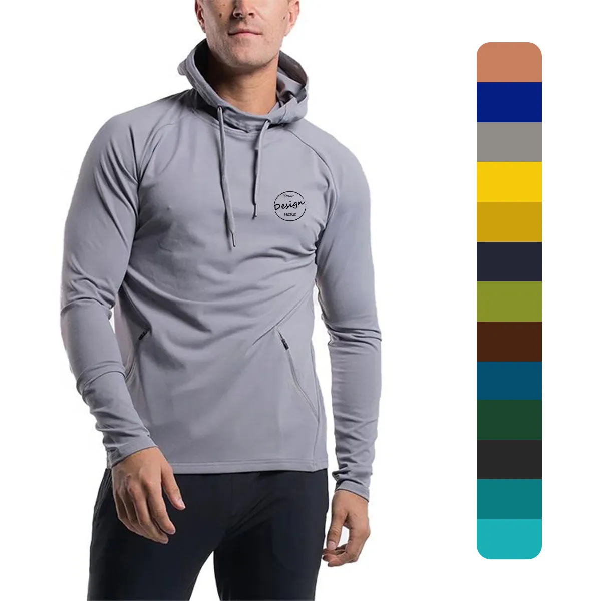 Toplu nefes erkekler spor uzun kollu Hoodies tişörtleri Zip cep spor Fitness kas t-shirt sıkıştırma gömlek erkekler için