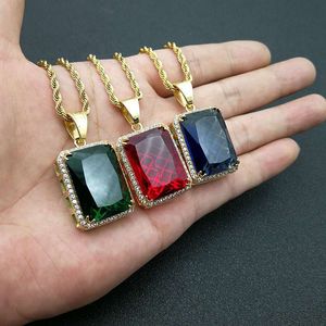 yunnique Hip Hop Pendant Necklace Stainless Steel Gold Plated Rectangular Artificial Gemstone Pave Setting Unisex Gift Jewelry - Product Image 4