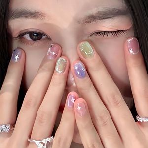 10 faux ongles à presser faits main, effet œil de chat aurore <span class=keywords><strong>pastel</strong></span>, avec strass étoiles, dégradé pailleté rose vert violet, amovibles - Product Image 1
