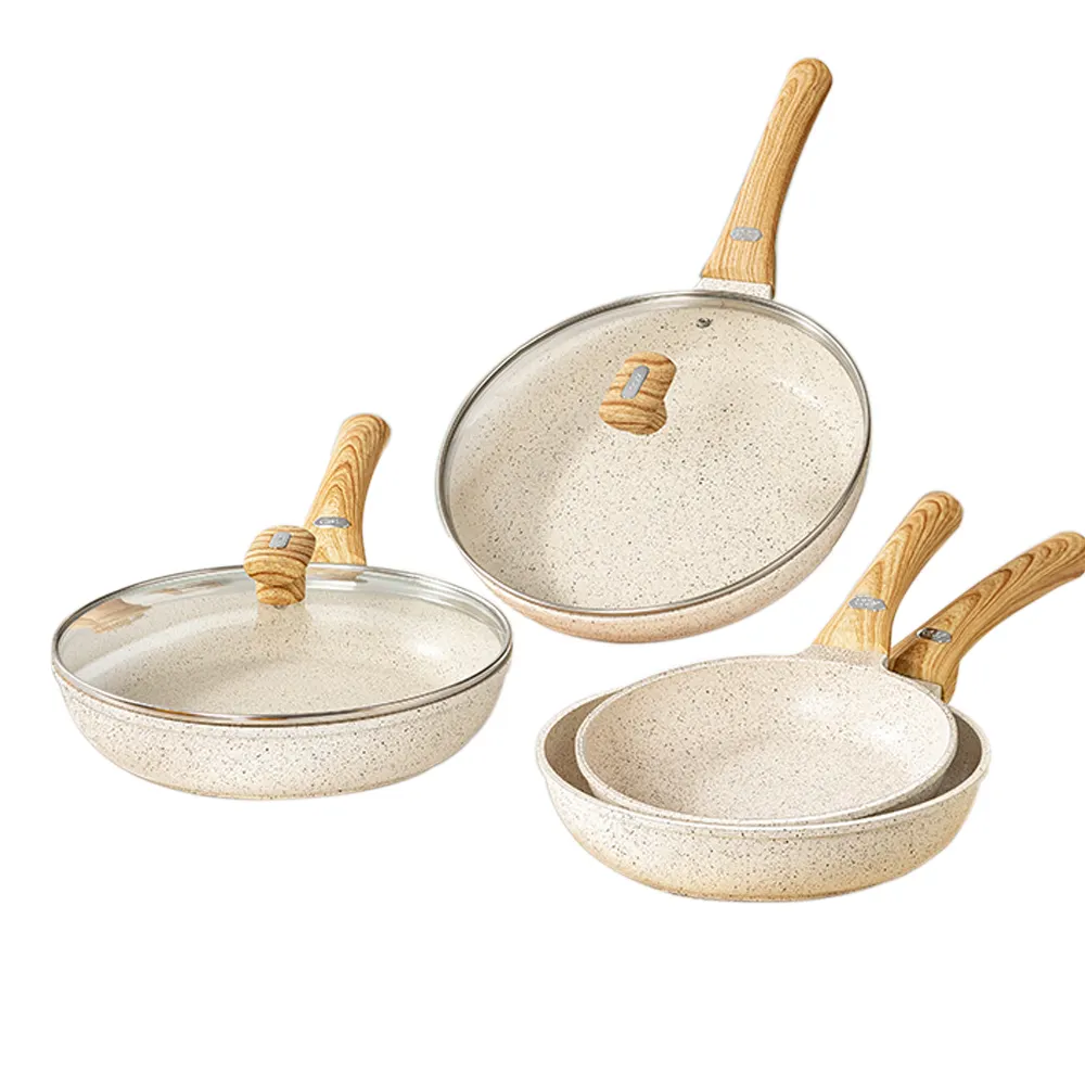 Die Cast Aluminium Fry Pan Set White Granite Cookware Non Stick Frying Pan With Lid and Wooden Handle