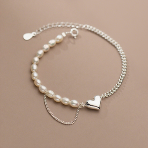 Elegant Women's 925 Sterling Silver Natural Pearl Bracelet Heart Pendant Double Chain Design for Parties Weddings Gifts 14K Gold - Product Image 2