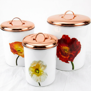 Recipiente de Almacenamiento Esmaltado Blanco Popular con Diseño Floral y Tapa Plateada en Cobre, Ideal para Almacenamiento de Alimentos y Decoración del Hogar - Product Image 1