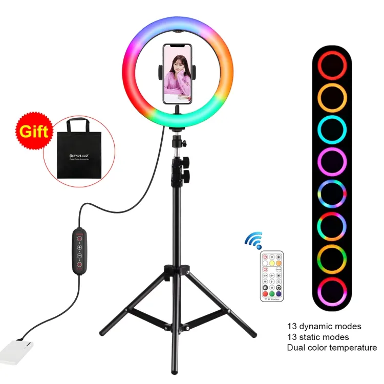 Tiktok写真SelfieLedリングライトセットPULUZ10.2インチ26cmマーキーLEDRGBWWライト、1.1m三脚付き