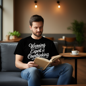 Camiseta con estampado de advertencia: Experto en sobreanalizar, camiseta relatable para hombres y mujeres - Product Image 3