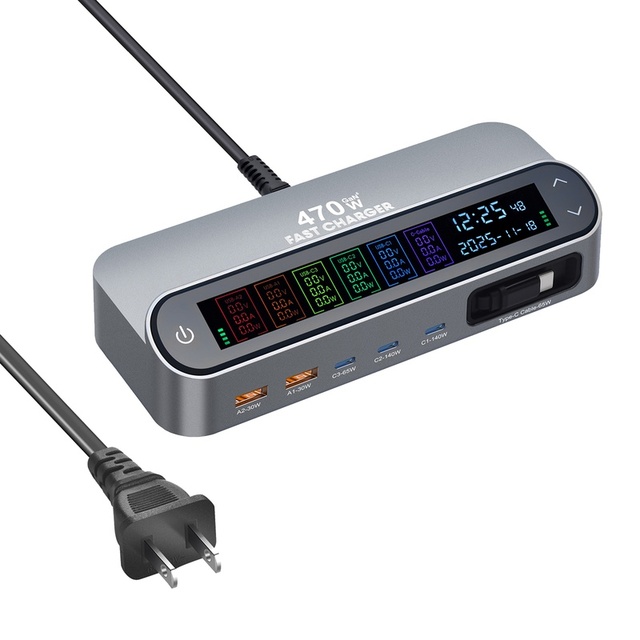 Multi Port USB C Power Adapter 470W GaN Desktop Hub LED Screen Retractable Cable Fast Charger for MacBook for iPhone for iPad