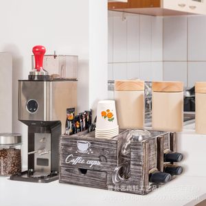 Estante de almacenamiento para estación de café de estilo rústico, soporte de madera para accesorios de barra de café, para cápsulas de café, bolsitas de té, tazas y jarabes. - Product Image 5